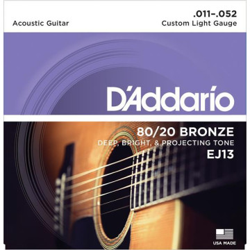 D'addario ej13 cordes guitare acoustique bronze 80/20 custom light 11-52