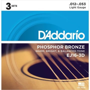 D'addario ej16-3d cordes guitare acoustique phosphore bronze light 3 jeux